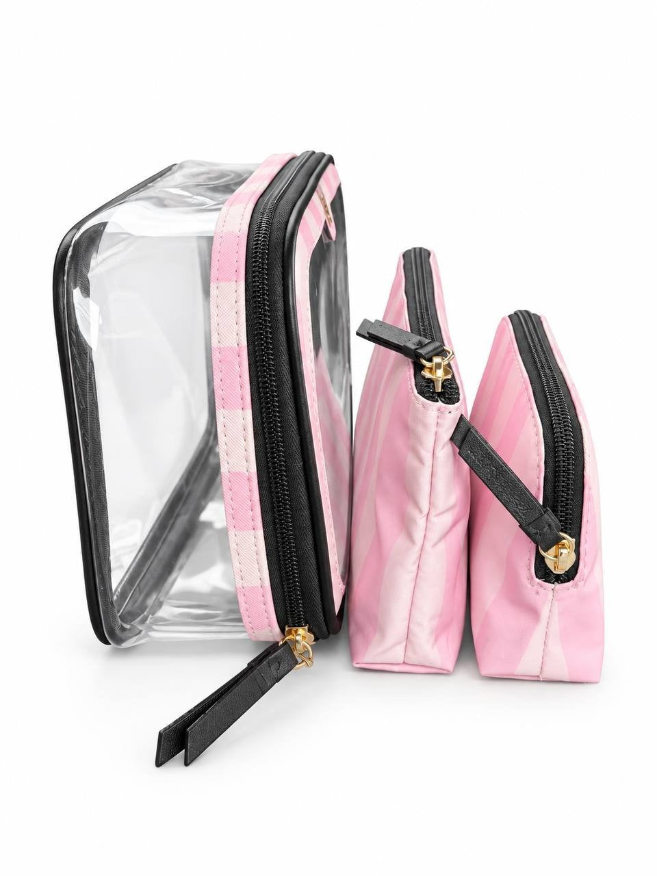 Victoria’s Secret Pink Stripe 3-Piece Cosmetic Bag Travel Pouch Set New