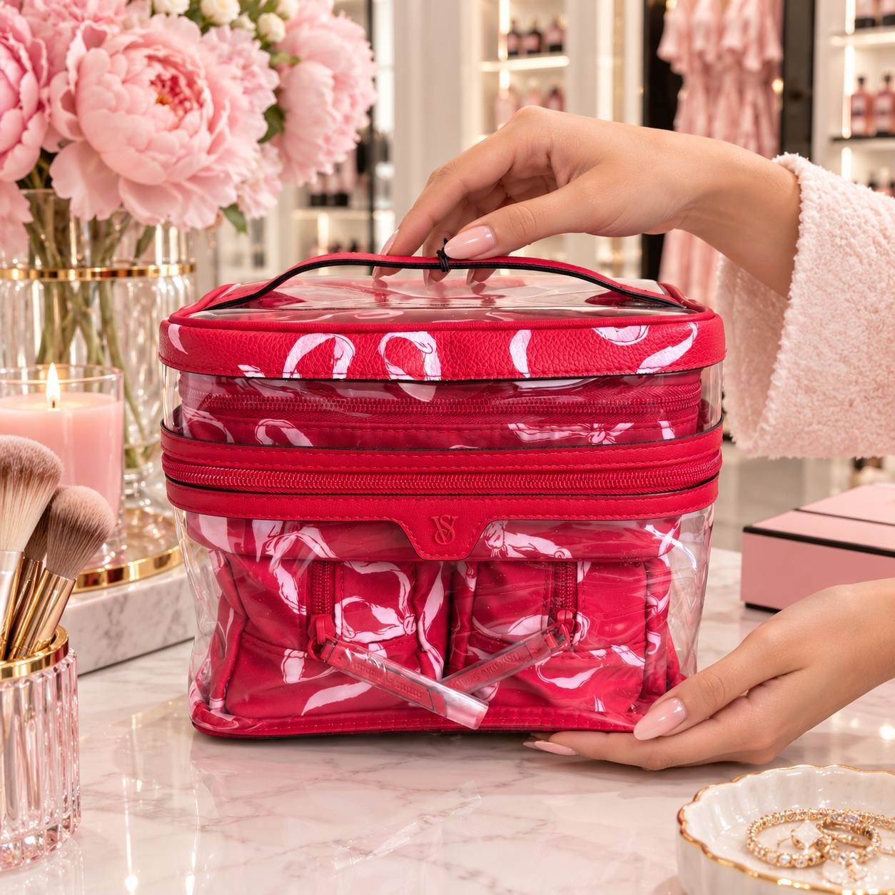 Victoria’s Secret 3-Piece Travel Cosmetic Bag Set Clear Train Case Red Ribbon NW