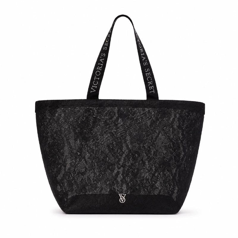Victoria’s Secret Black Lace Tote Bag Large Shoulder Travel Beach Shopper Purse