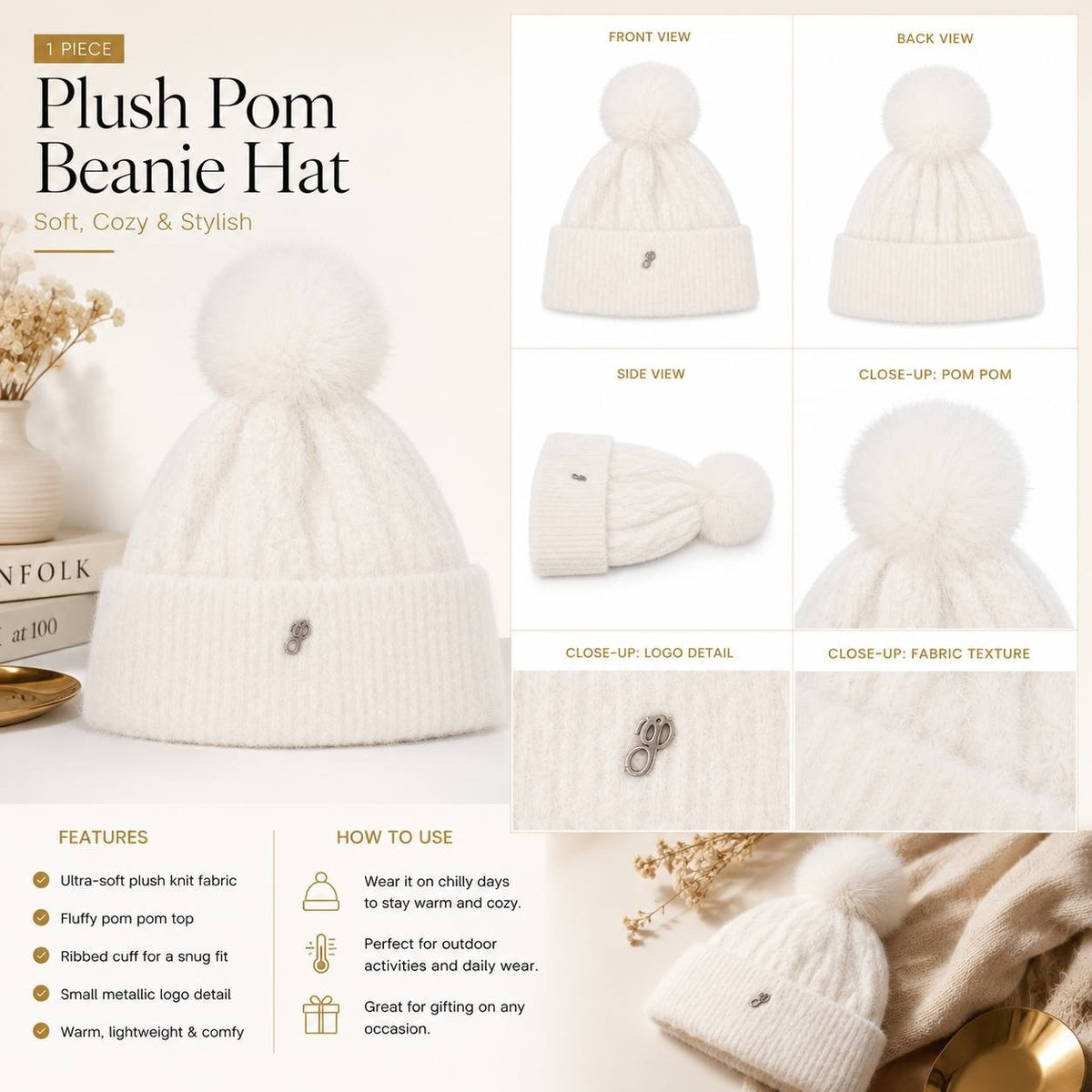 Victoria’s Secret Plush Knit Beanie Hat Ivory Faux Fur Pom Winter One Size