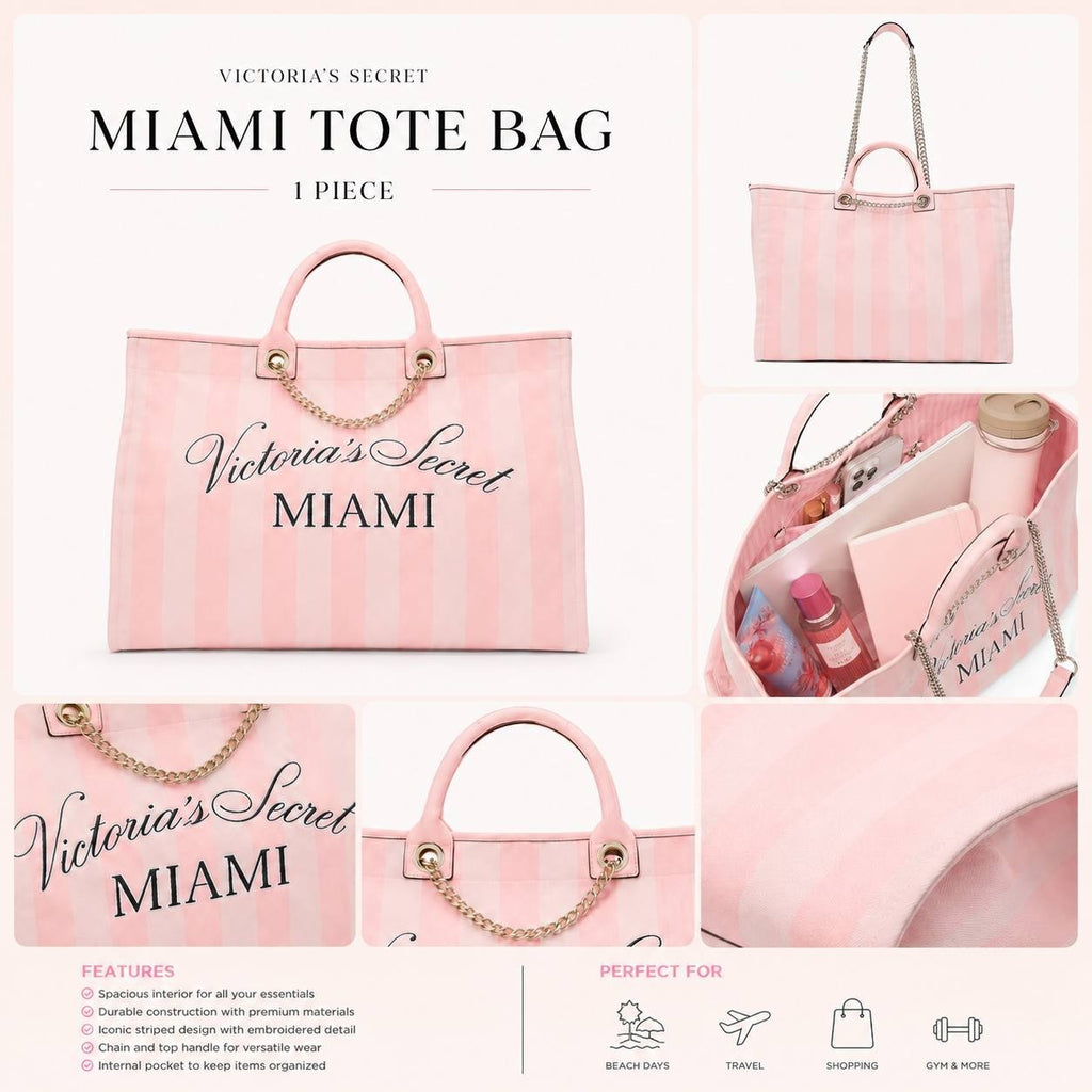 Victoria’s Secret Miami Pink Stripe Tote Bag Large Chain Handle Travel Beach