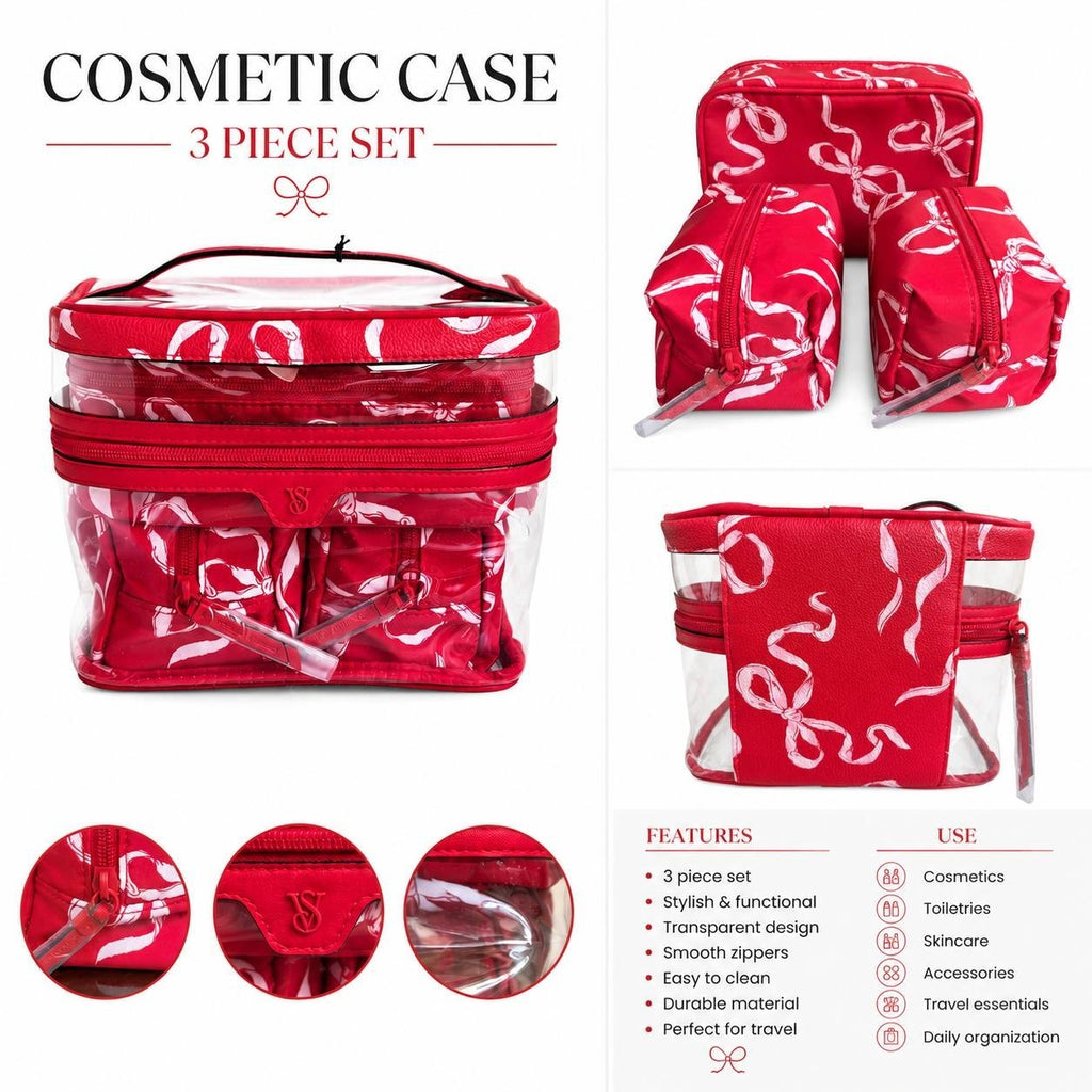 Victoria’s Secret 3-Piece Travel Cosmetic Bag Set Clear Train Case Red Ribbon NW