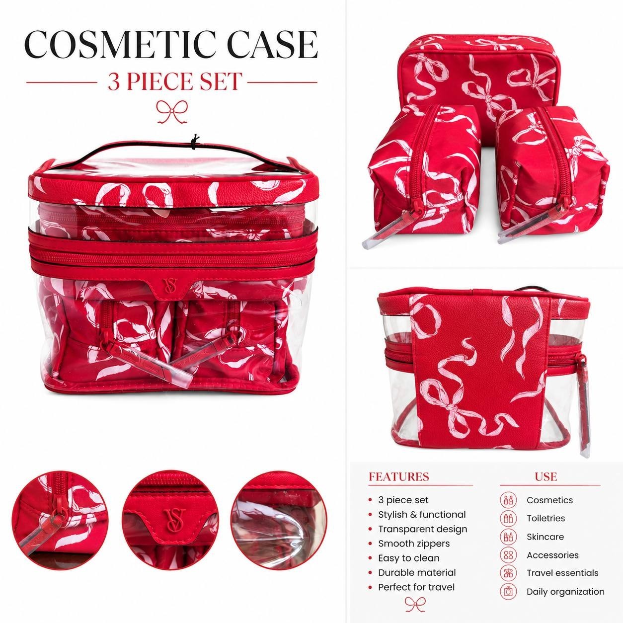 Victoria’s Secret 3-Piece Travel Cosmetic Bag Set Clear Train Case Red Ribbon NW