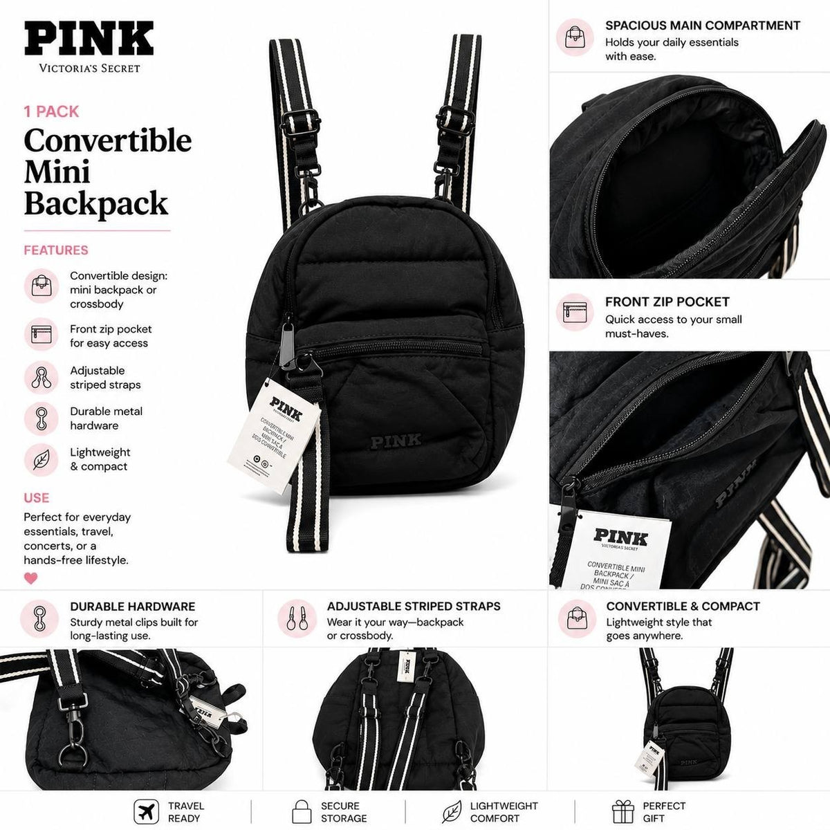 PINK Victoria’s Secret Convertible Mini Backpack Black Crossbody NWT