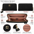 VS-WALLET-BLK-V01 Victoria’s Secret Black Quilted Zip Around Wallet Gold V