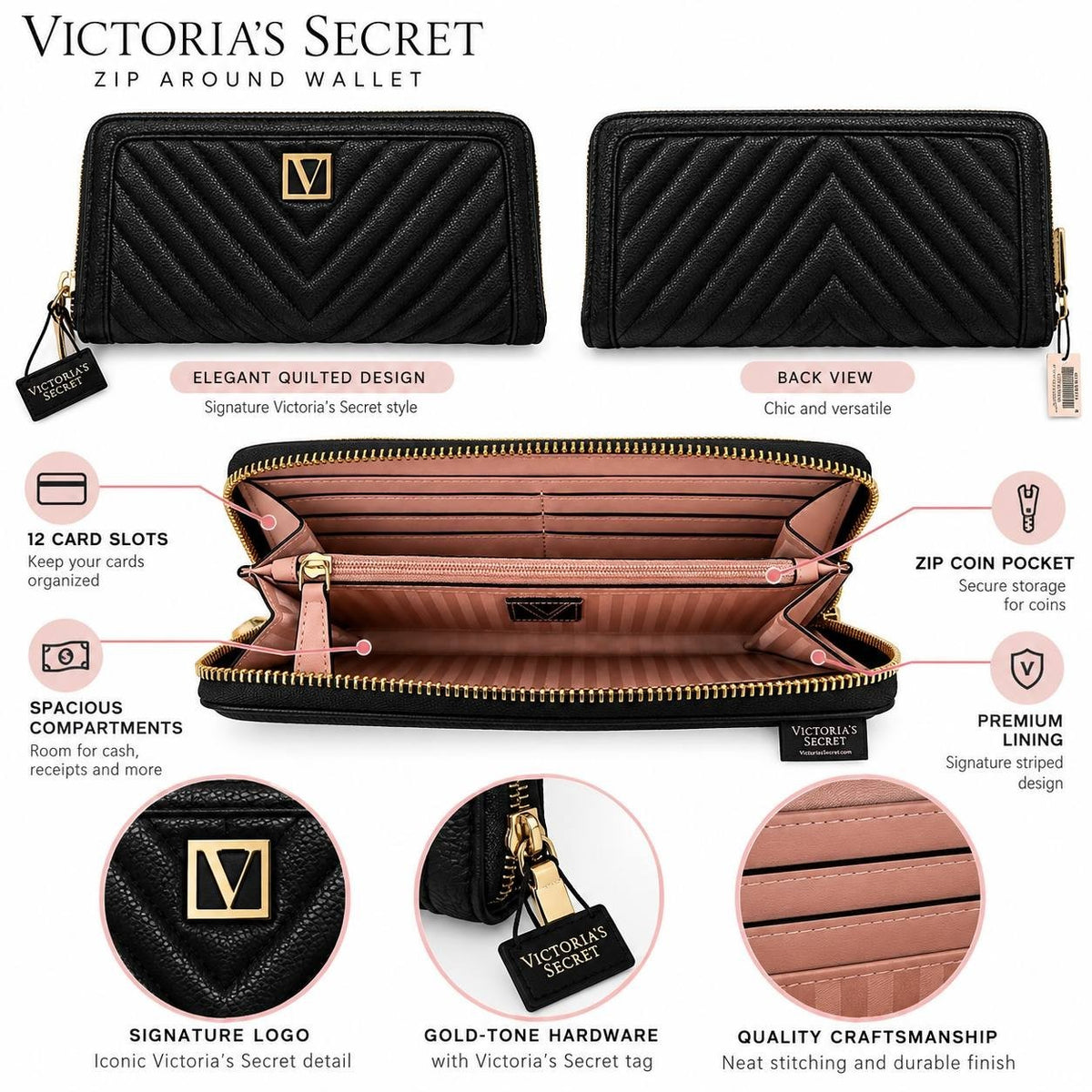 VS-WALLET-BLK-V01 Victoria’s Secret Black Quilted Zip Around Wallet Gold V