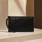 Victoria’s Secret Black Woven Faux Leather Wristlet Clutch Zip Pouch Gold Tone