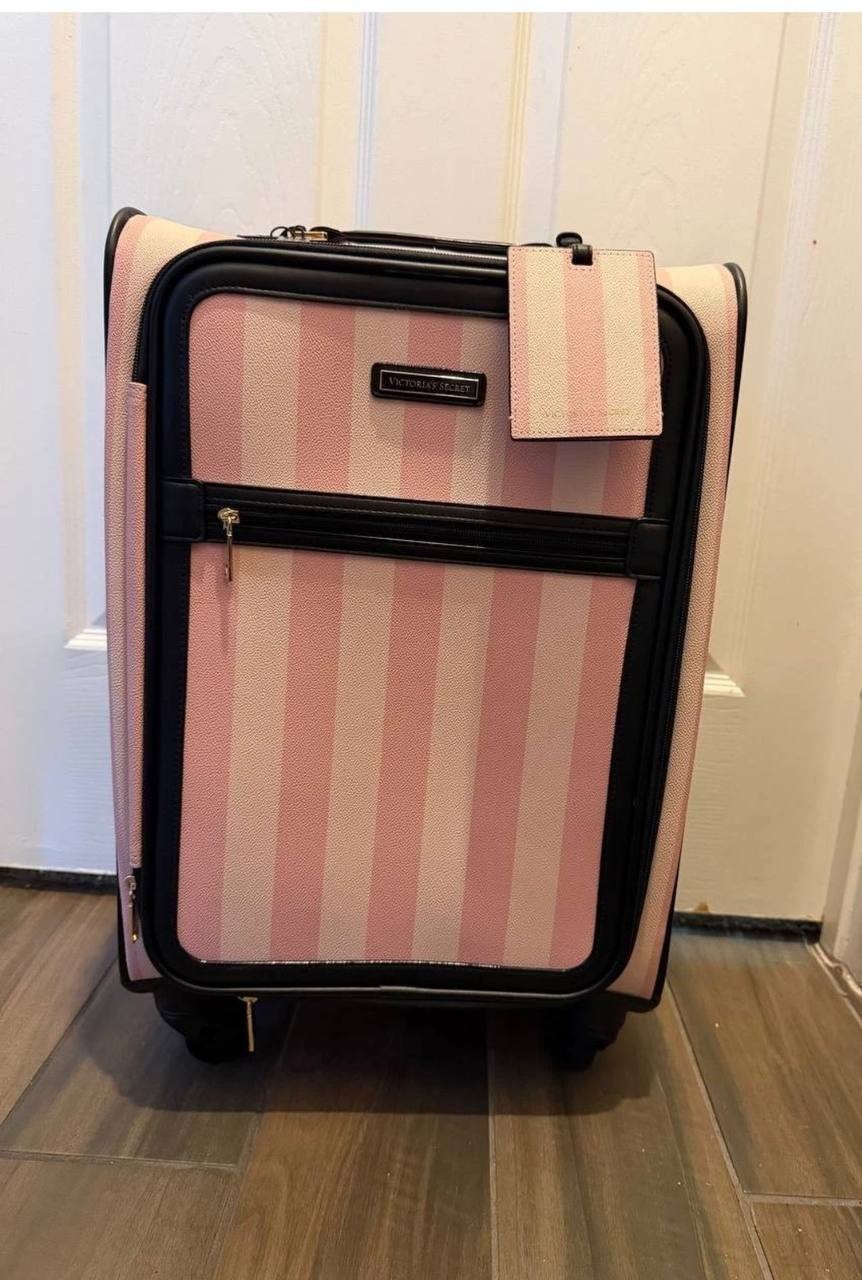 Victoria’s Secret Pink Stripe Rolling Carry On Suitcase Spinner Luggage NWT