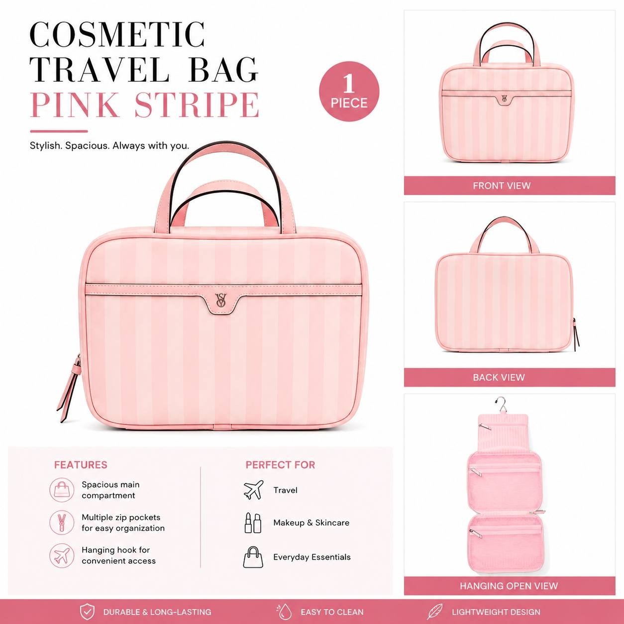 Victoria’s Secret Pink Stripe Hanging Travel Toiletry Cosmetic Makeup Bag NWT