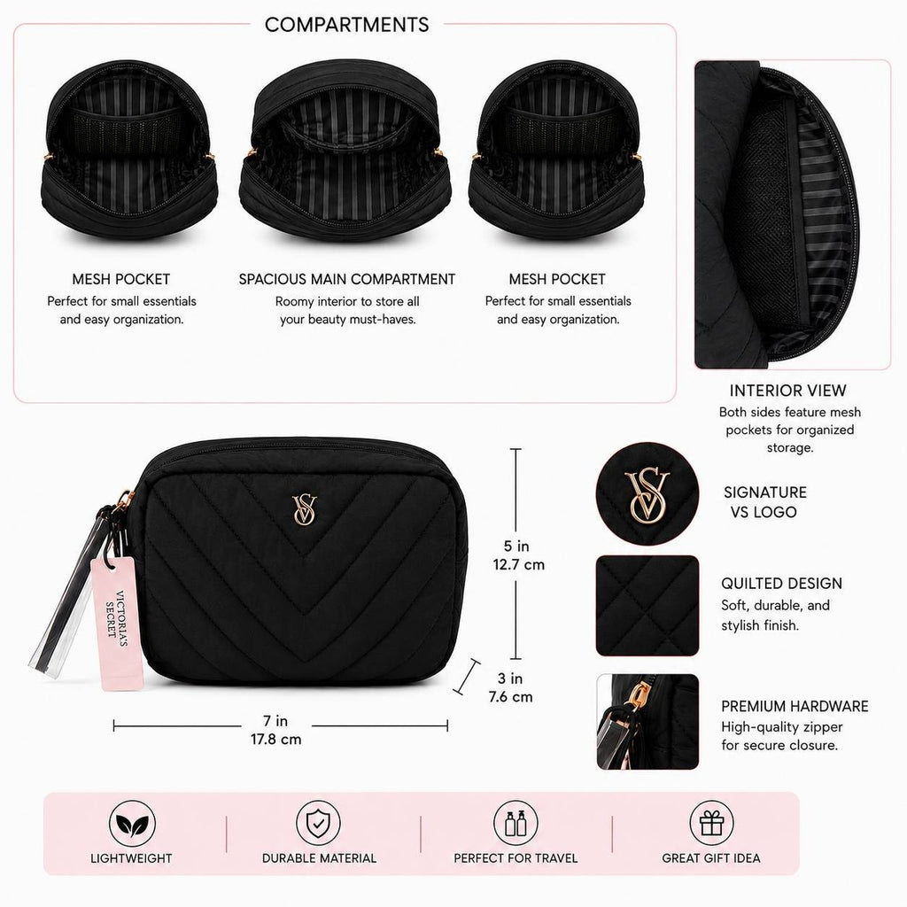 VS Quilted Travel Cosmetic Bag Black Makeup Organizer Wristlet NWT