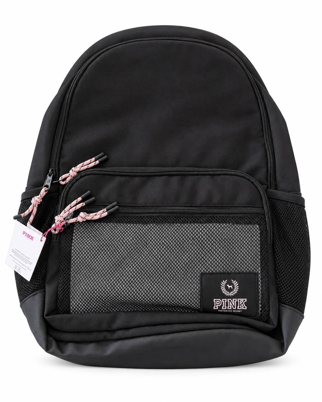 Victoria’s Secret PINK Black Backpack Mesh Pocket Pink Rope Zippers New