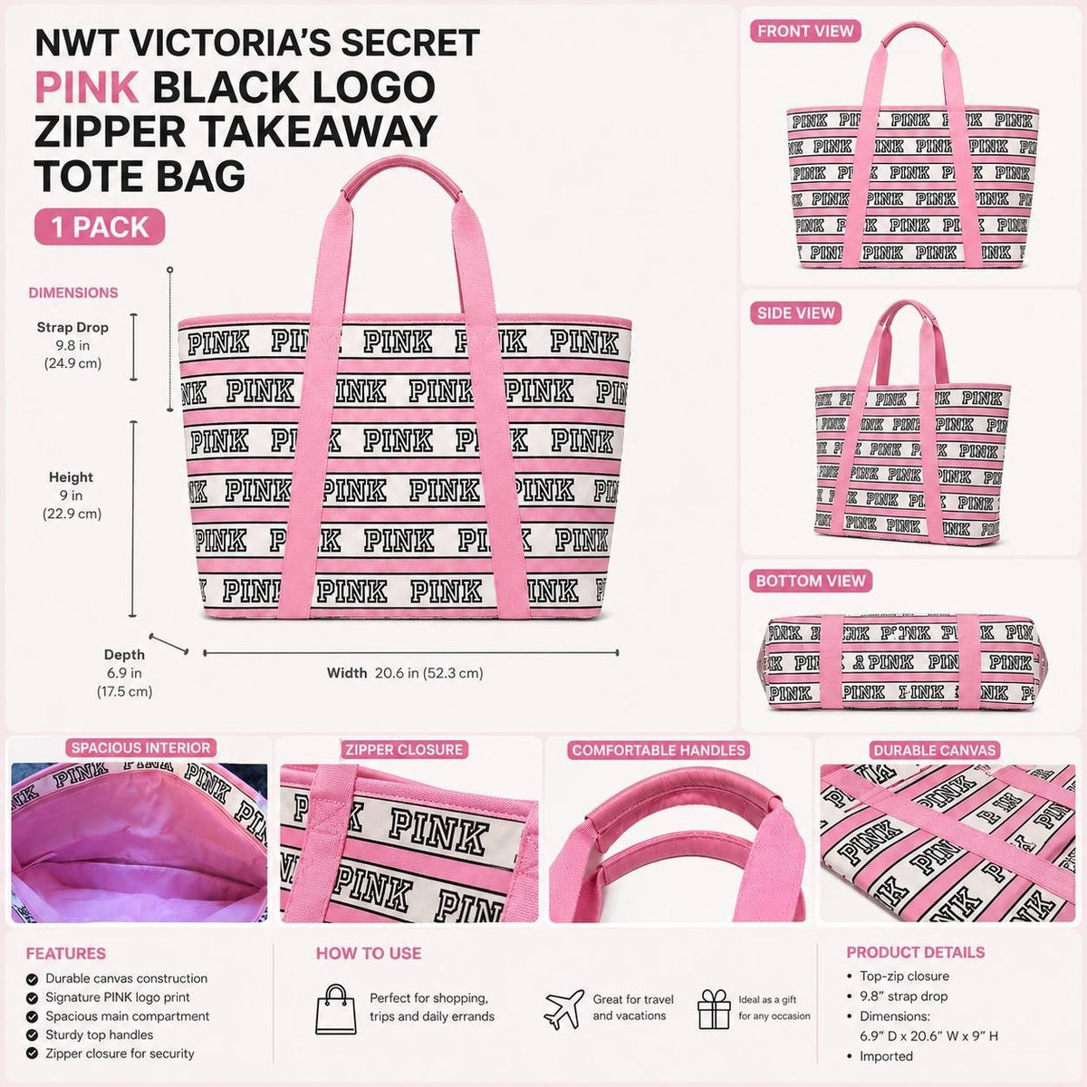 Victoria’s Secret PINK Canvas Tote Bag Pink Stripe Logo Zip Large NWT