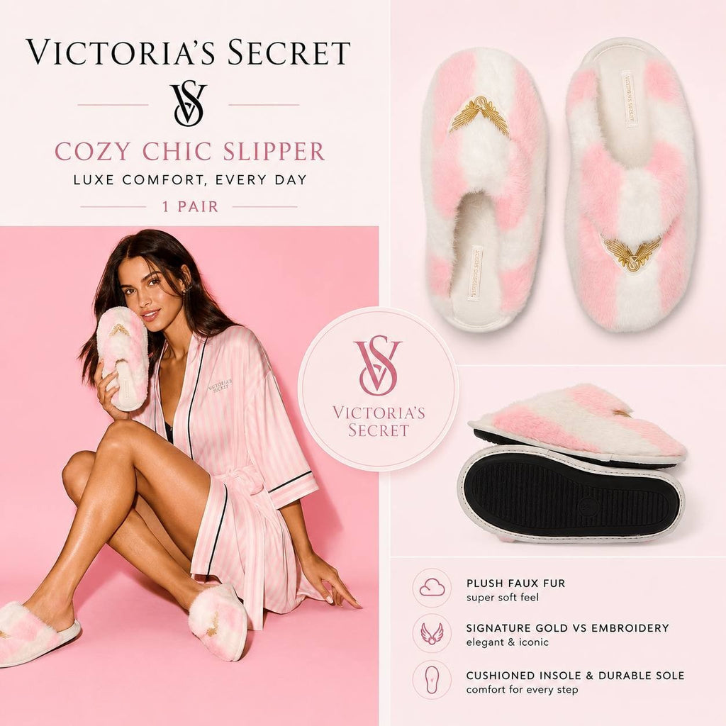 VS Cozy Chic Faux Fur Slippers Pink White Stripe Women’s House Shoes