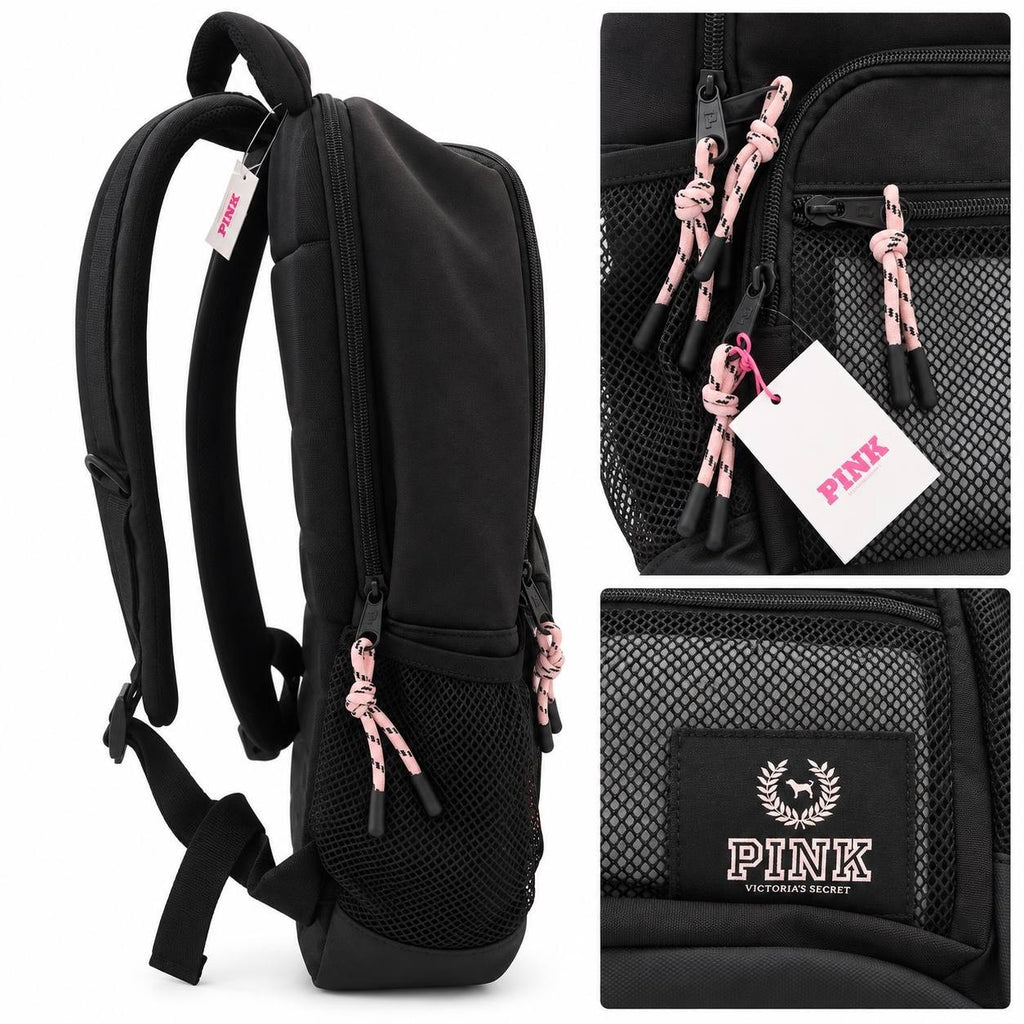 Victoria’s Secret PINK Black Backpack Mesh Pocket Pink Rope Zippers New