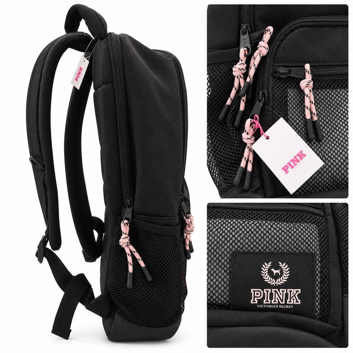 Victoria’s Secret PINK Black Backpack Mesh Pocket Pink Rope Zippers New