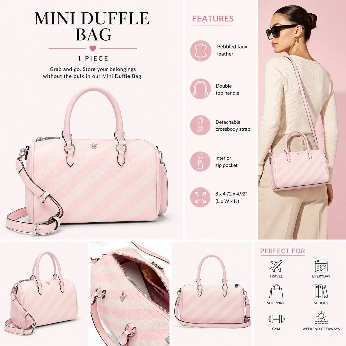 Victoria’s Secret Pink Stripe Mini Duffle Bag Crossbody Satchel Faux Leather NWT