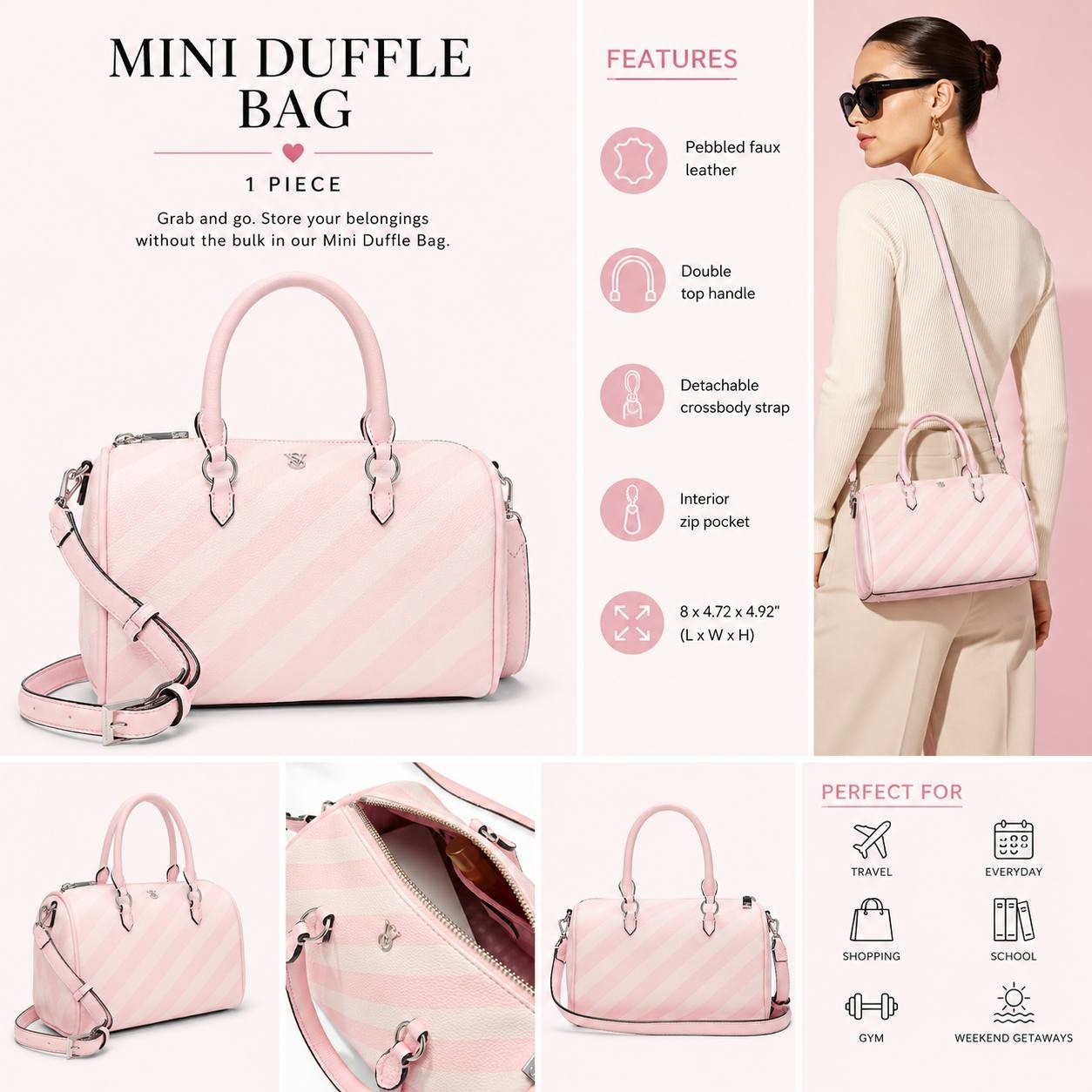 Victoria’s Secret Pink Stripe Mini Duffle Bag Crossbody Satchel Faux Leather NWT
