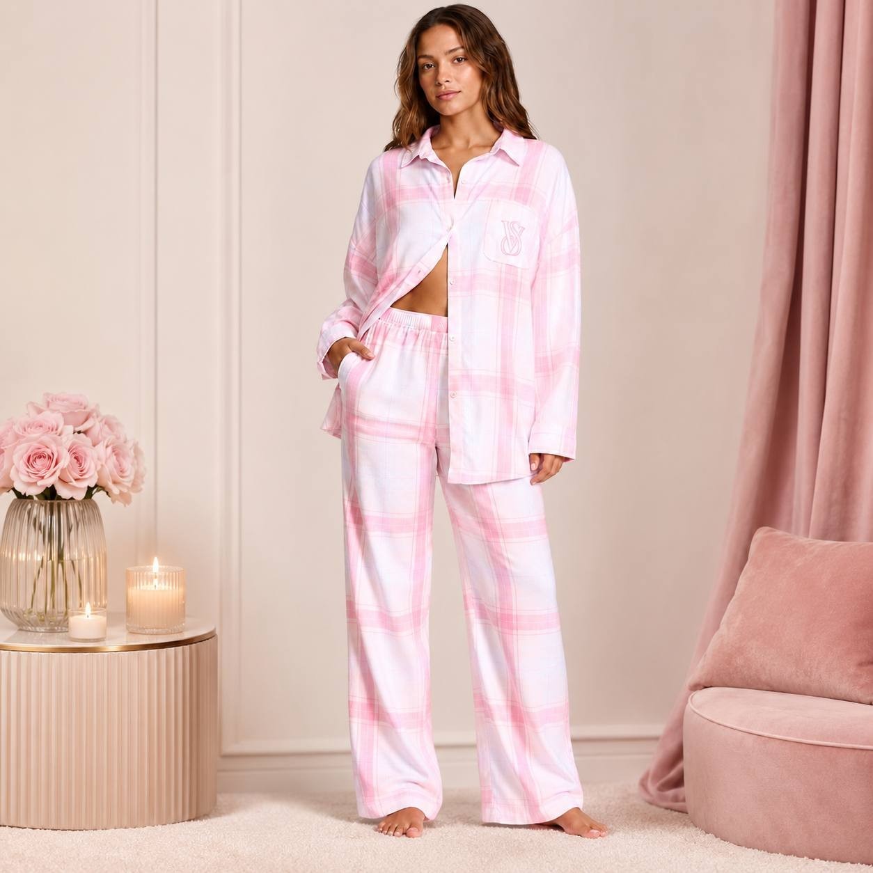 VS Modal Cotton Long Pajama Set Pink Plaid Button Front Sleepwear S- L