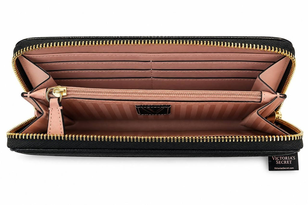 VS-WALLET-BLK-V01 Victoria’s Secret Black Quilted Zip Around Wallet Gold V