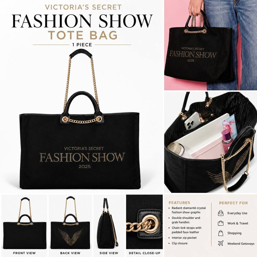 Victoria’s Secret Fashion Show 2025 Black Tote Bag Gold Chain Large Canvas New