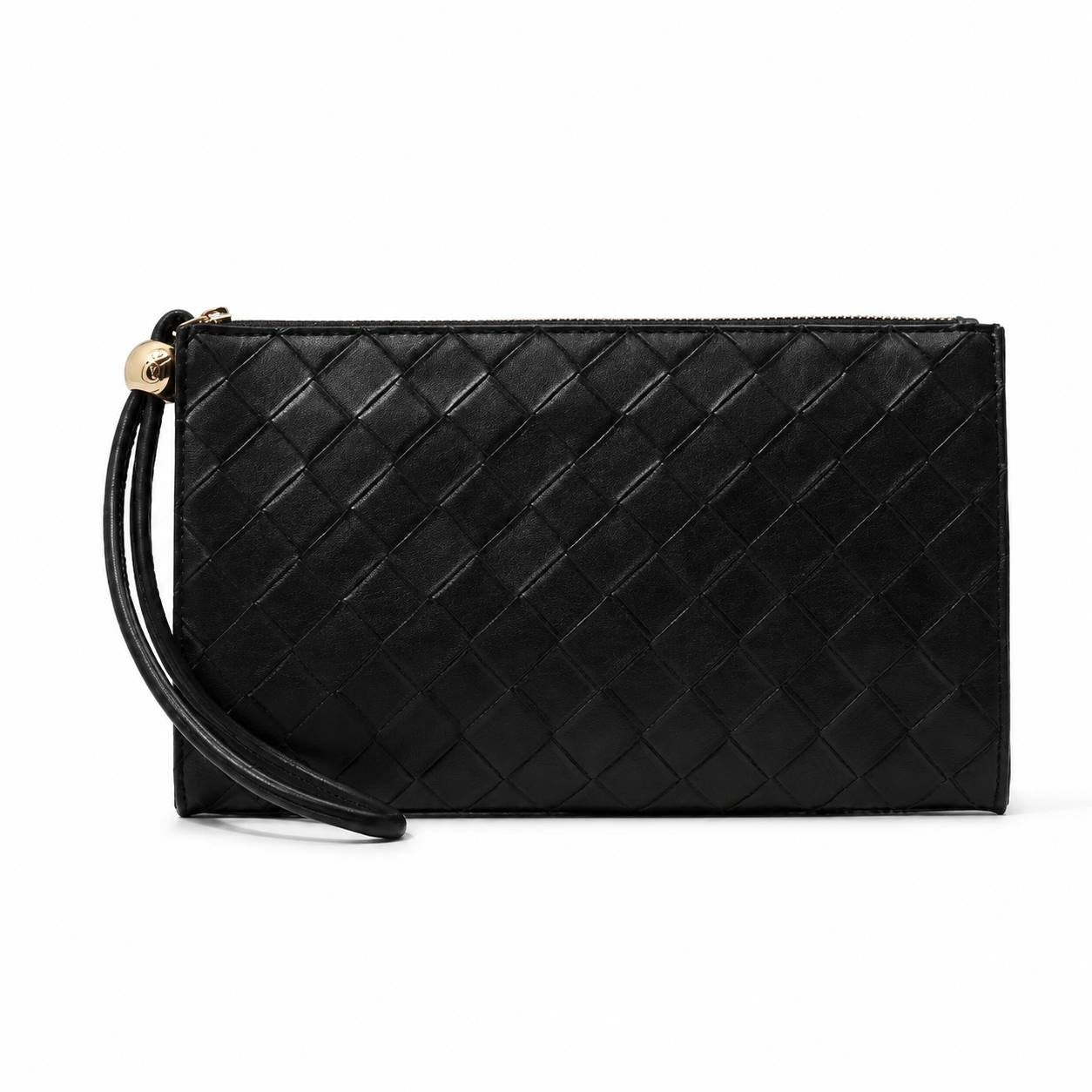 Victoria’s Secret Black Woven Faux Leather Wristlet Clutch Zip Pouch Gold Tone