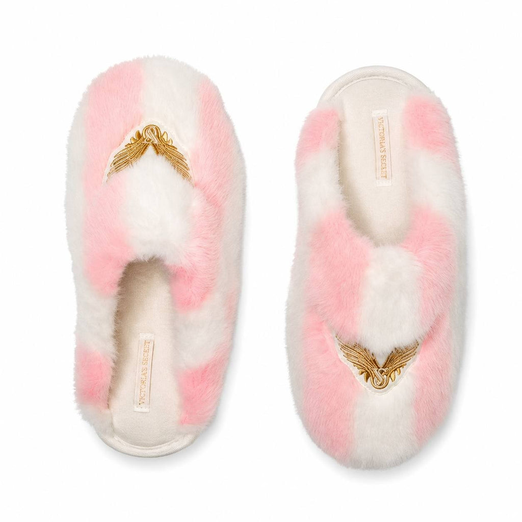 VS Cozy Chic Faux Fur Slippers Pink White Stripe Women’s House Shoes