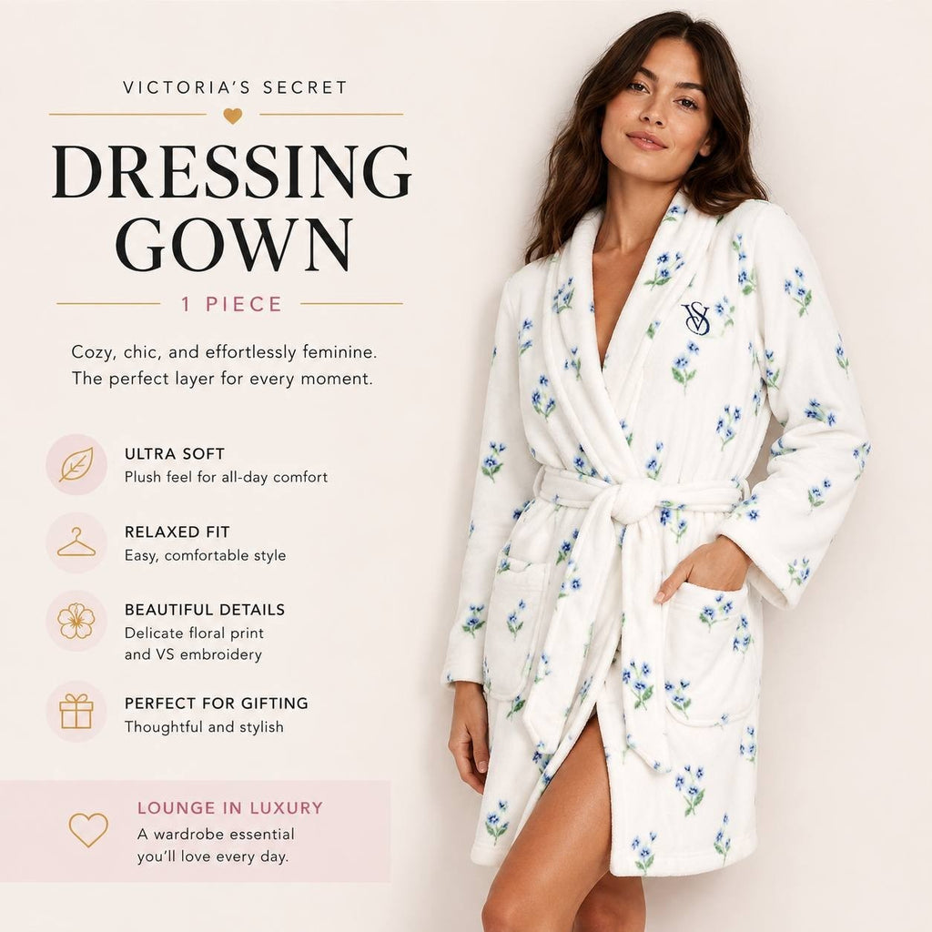 Victoria’s Secret Floral Plush Fleece Short Robe Dressing Gown White/Ivory NWT