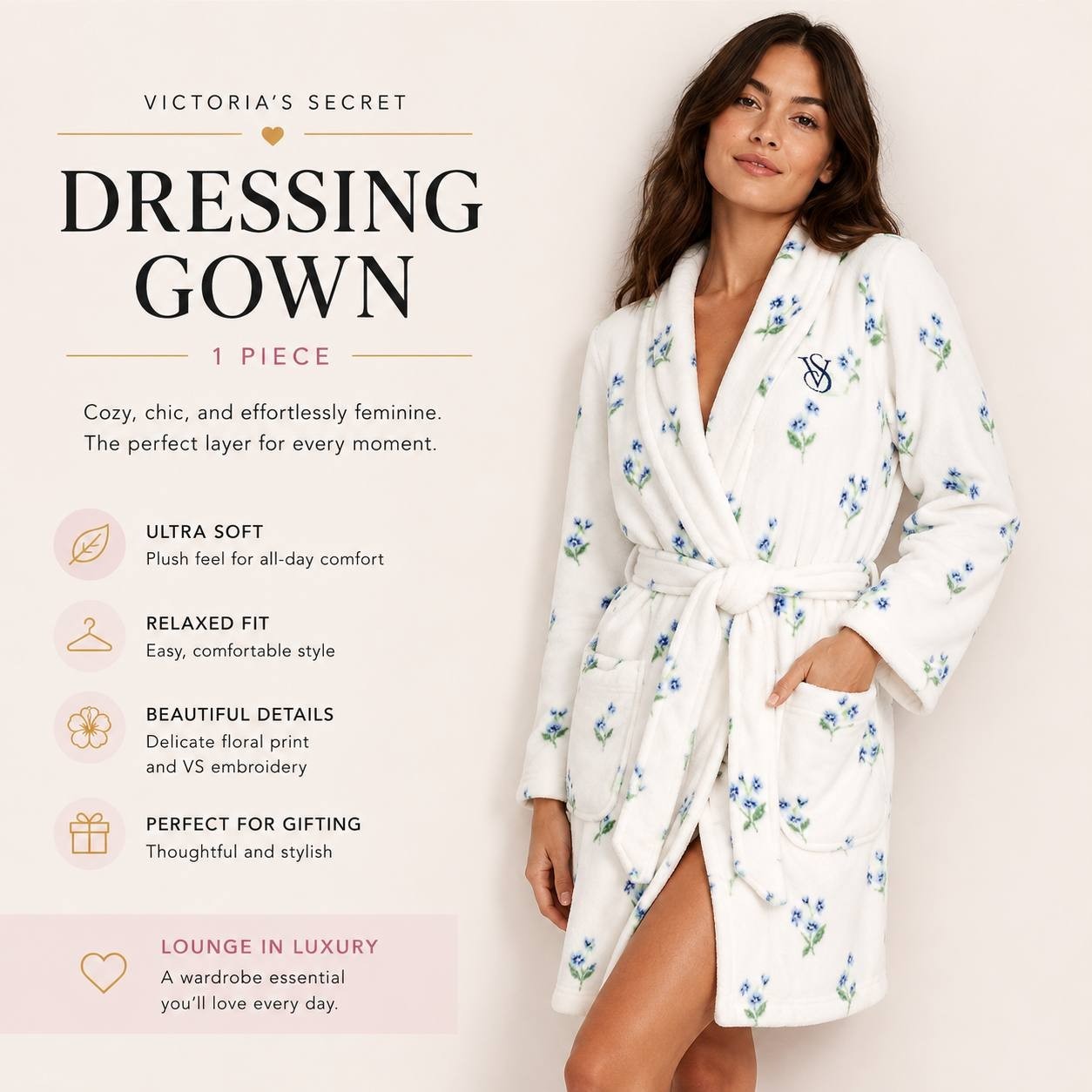 Victoria’s Secret Floral Plush Fleece Short Robe Dressing Gown White/Ivory NWT
