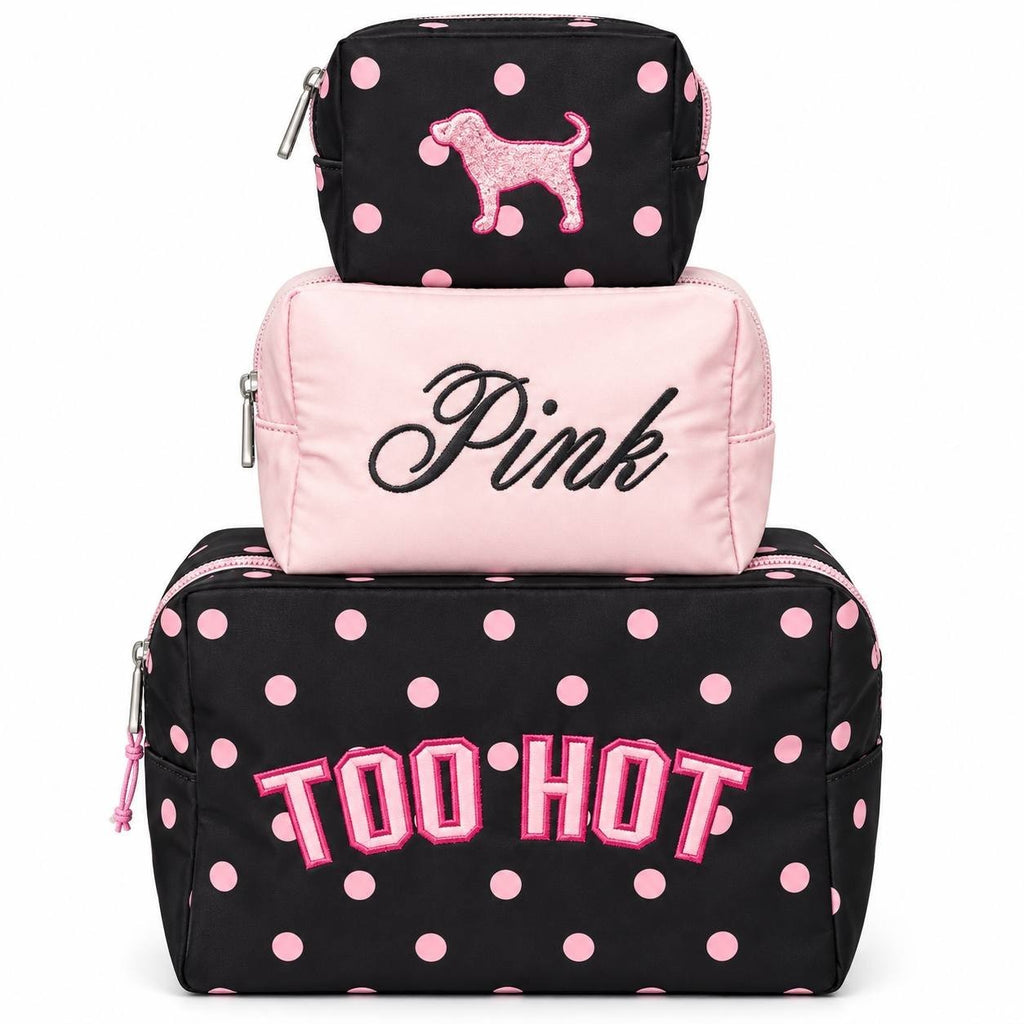 VS PINK Makeup Bag Trio Black Dot 3pc