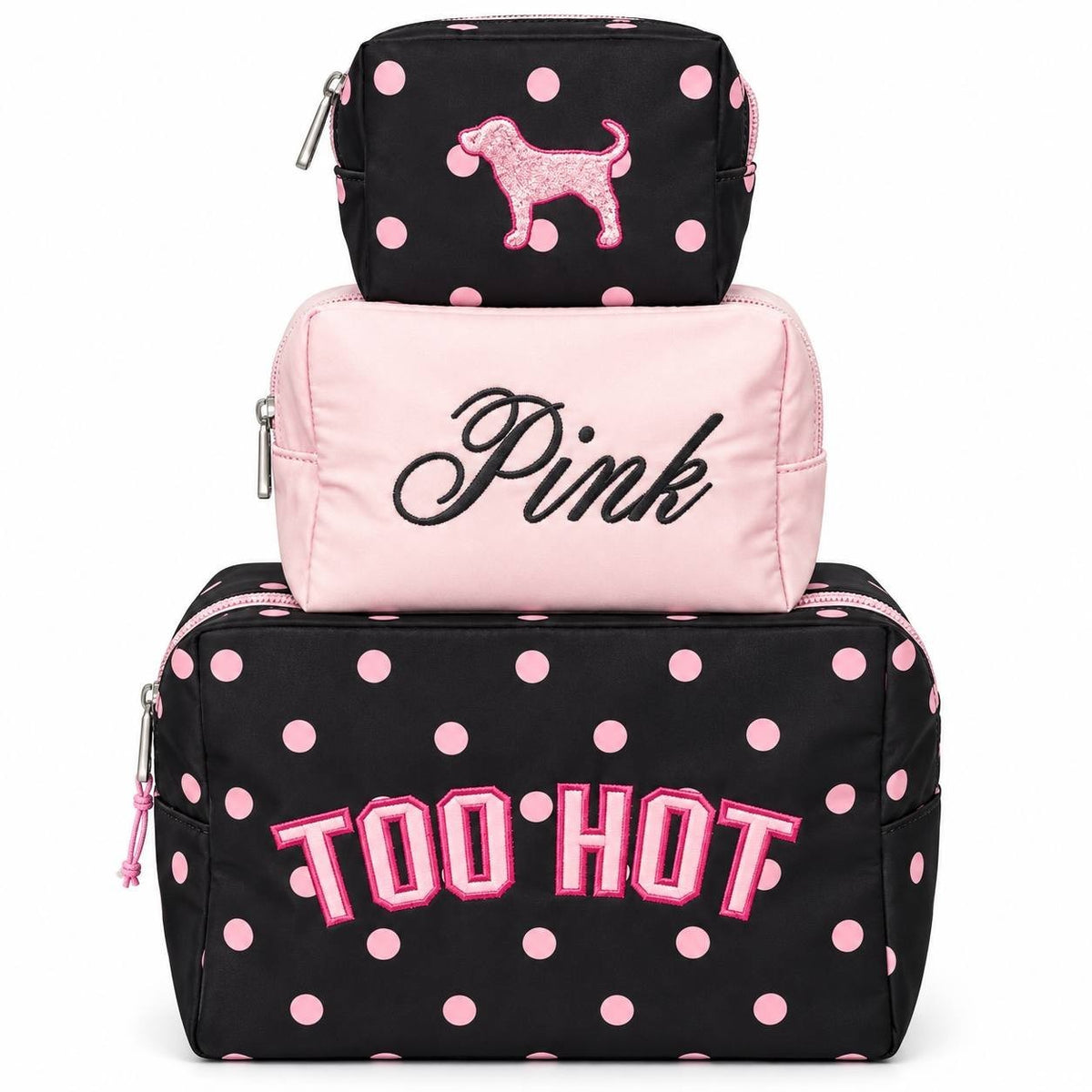 VS PINK Makeup Bag Trio Black Dot 3pc