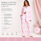 VS Modal Cotton Long Pajama Set Pink Plaid Button Front Sleepwear S- L
