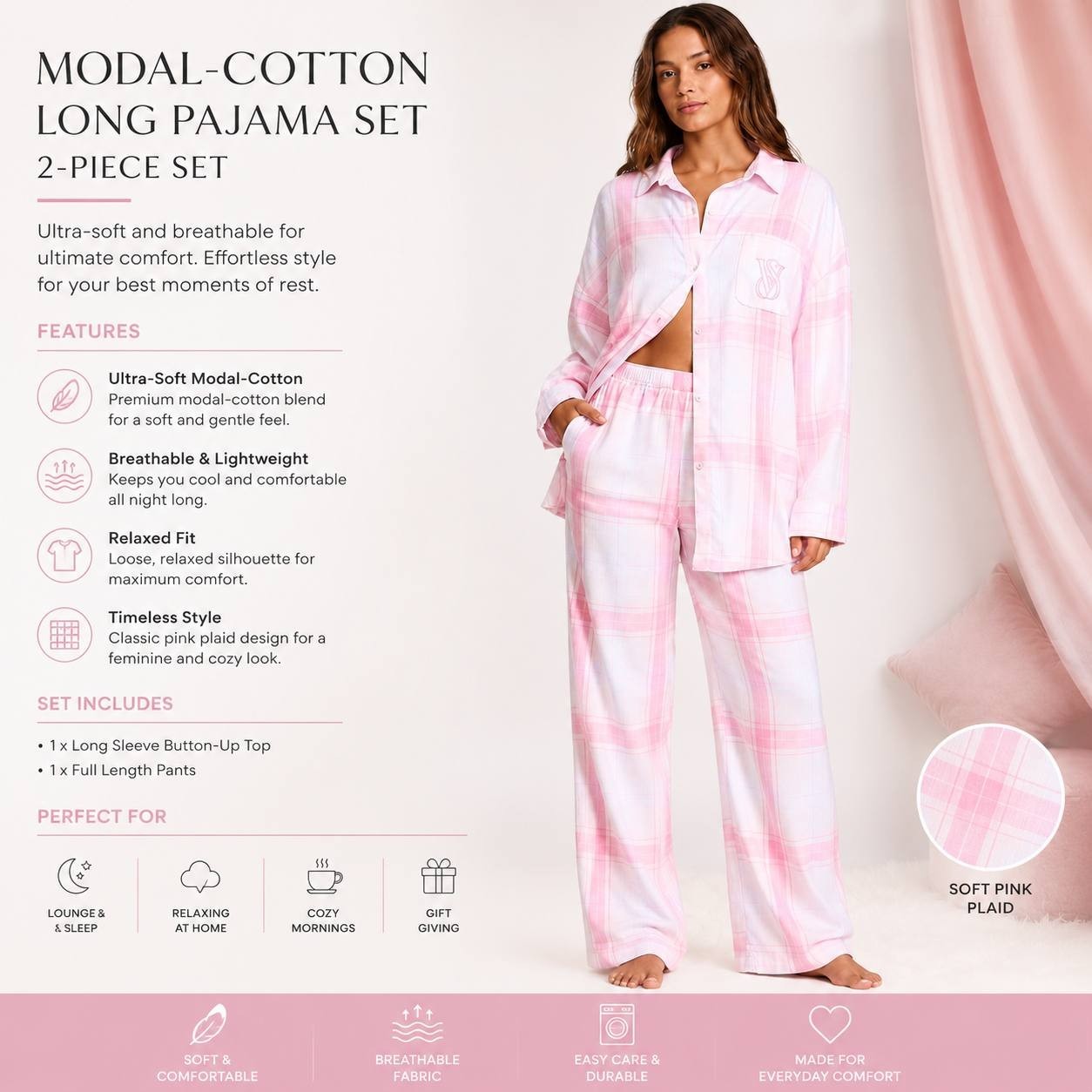 VS Modal Cotton Long Pajama Set Pink Plaid Button Front Sleepwear S- L