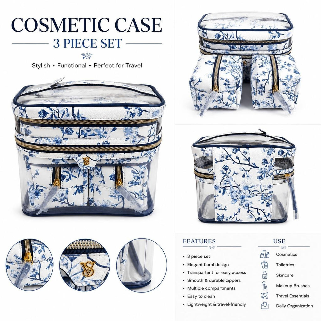 Victoria’s Secret 3-Piece Floral Travel Cosmetic Bag Set Clear Train Case Blue N