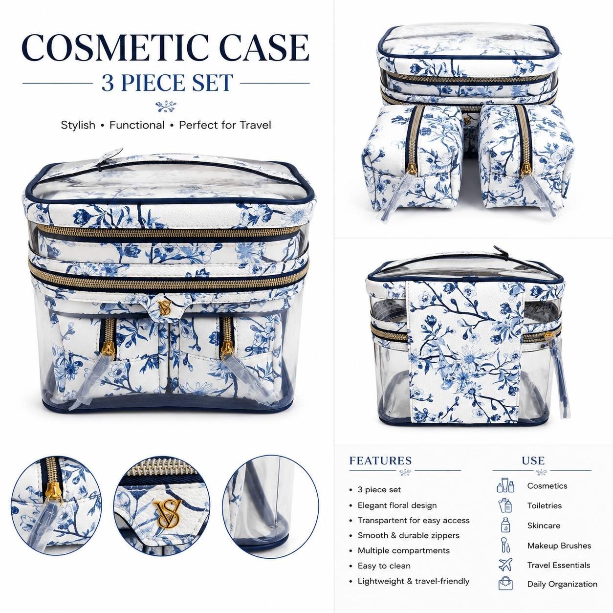Victoria’s Secret 3-Piece Floral Travel Cosmetic Bag Set Clear Train Case Blue N