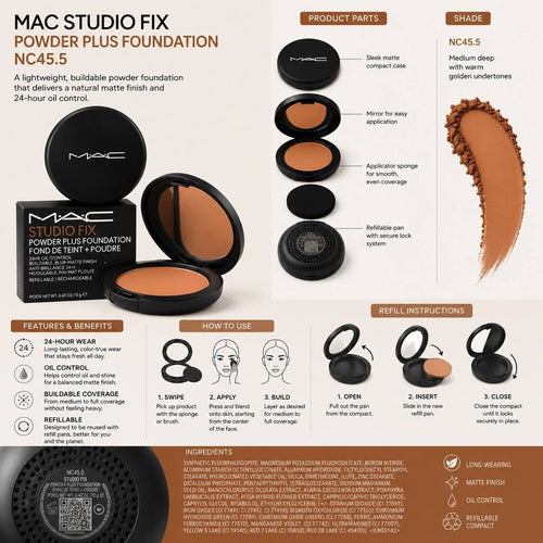 MAC Studio Fix Powder Plus Foundation NC45.5 12g Matte Powder Foundation New