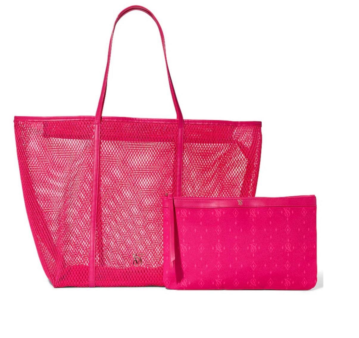 Victoria Secret HOT PINK Tote Bag Large Beach Shopper w Pouch Zip Closure NWT