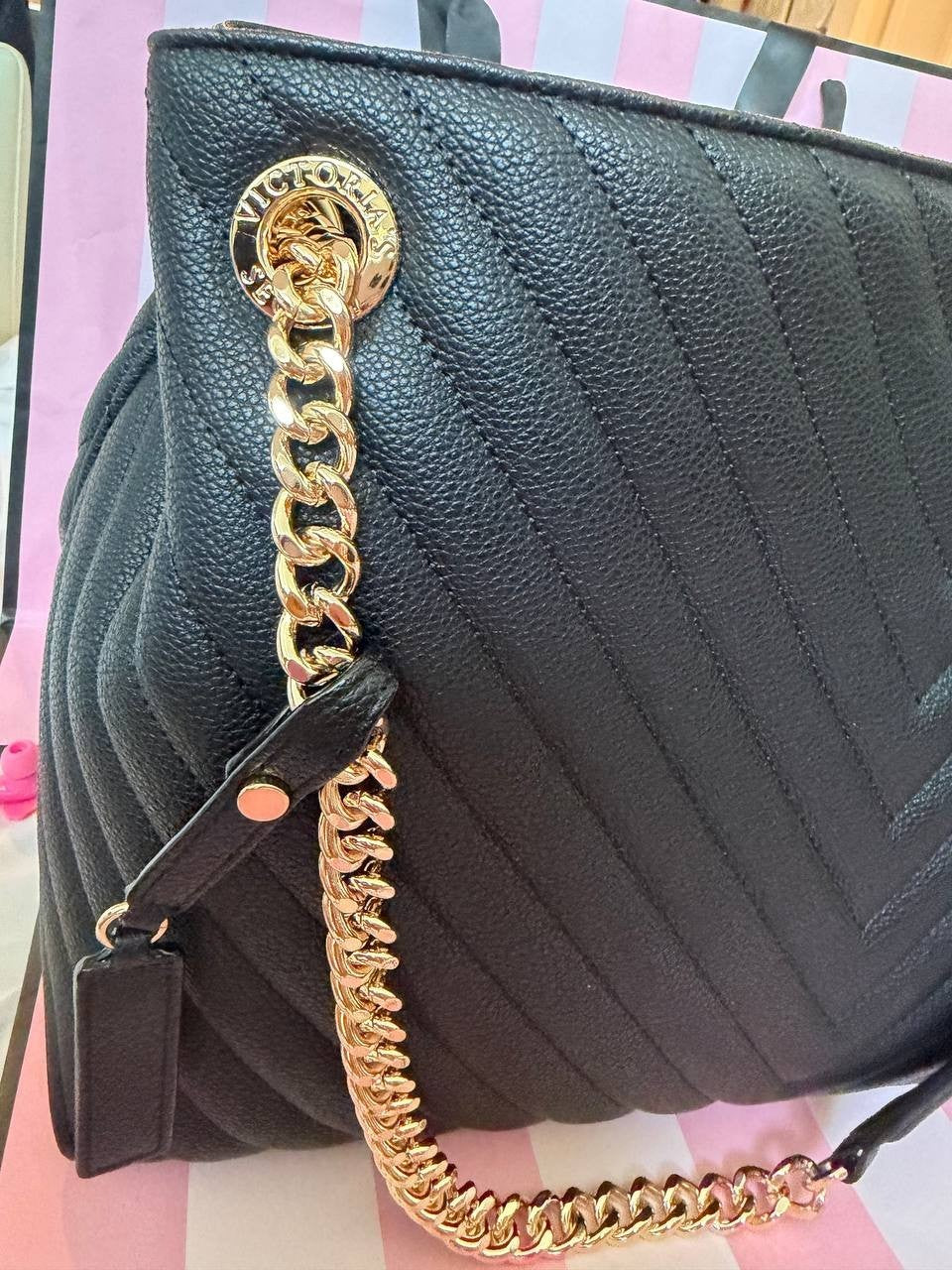 Victoria Secret Black Quilted Tote Bag Gold Chain Large Shoulder Bag NWT