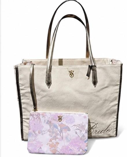 Victoria’s Secret Bride Tote Bag & Floral Pouch Set NWT Ivory Gold