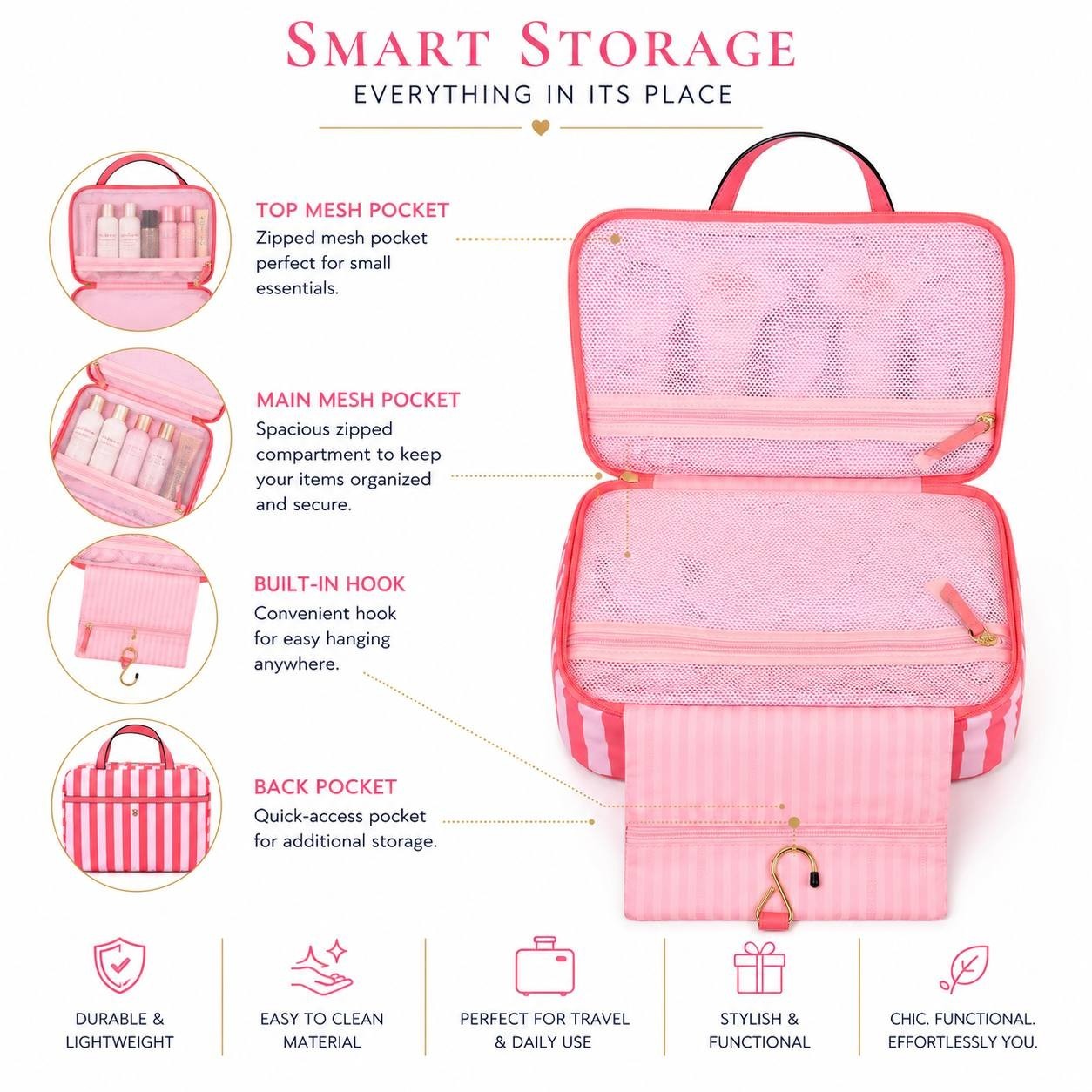 Victoria’s Secret Pink Stripe Travel Beauty Bag Hanging Cosmetic Organizer New