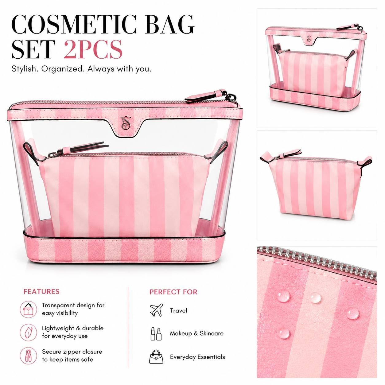 Victoria’s Secret 2Pc Pink Stripe Clear Cosmetic Bag Makeup Travel Pouch Set NWT