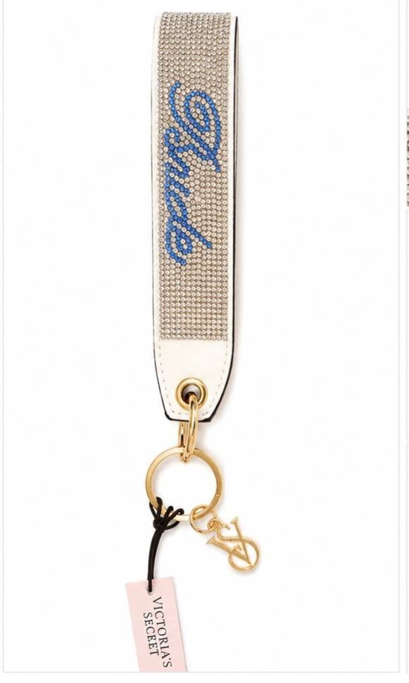 Victoria’s Secret Rhinestone Wristlet Keychain Blue Script Charm NWT