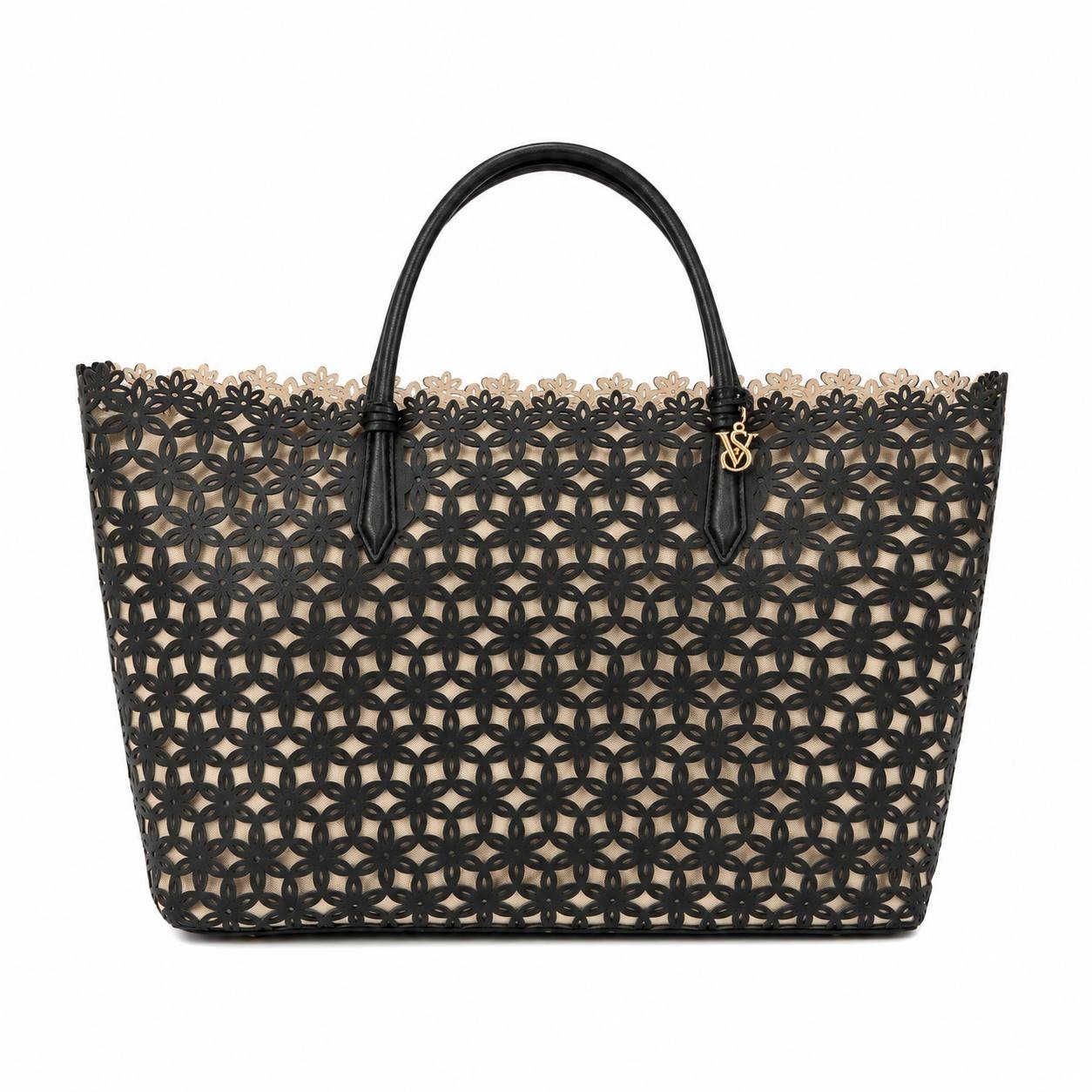 Victoria’s Secret Black Floral Cutout Tote Bag Canvas Insert Large Shopper Beach