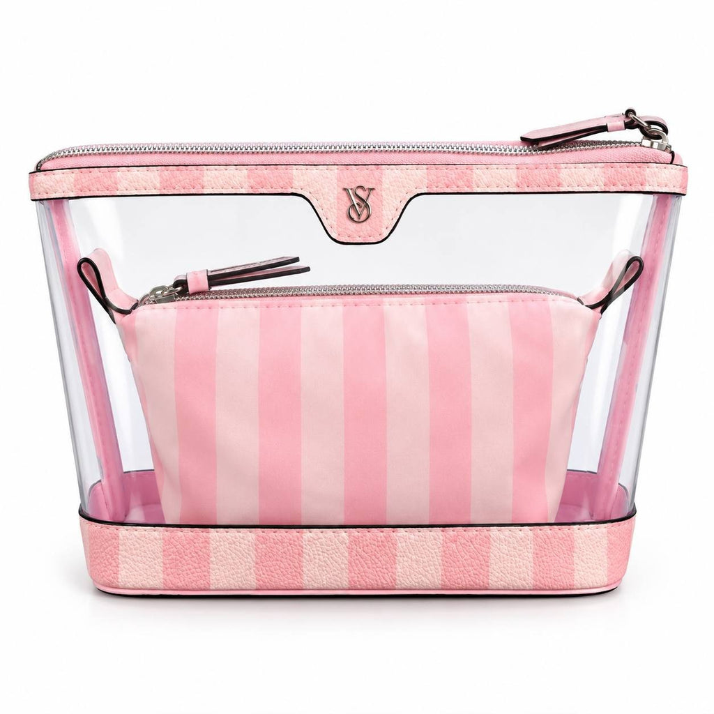 Victoria’s Secret 2Pc Pink Stripe Clear Cosmetic Bag Makeup Travel Pouch Set NWT