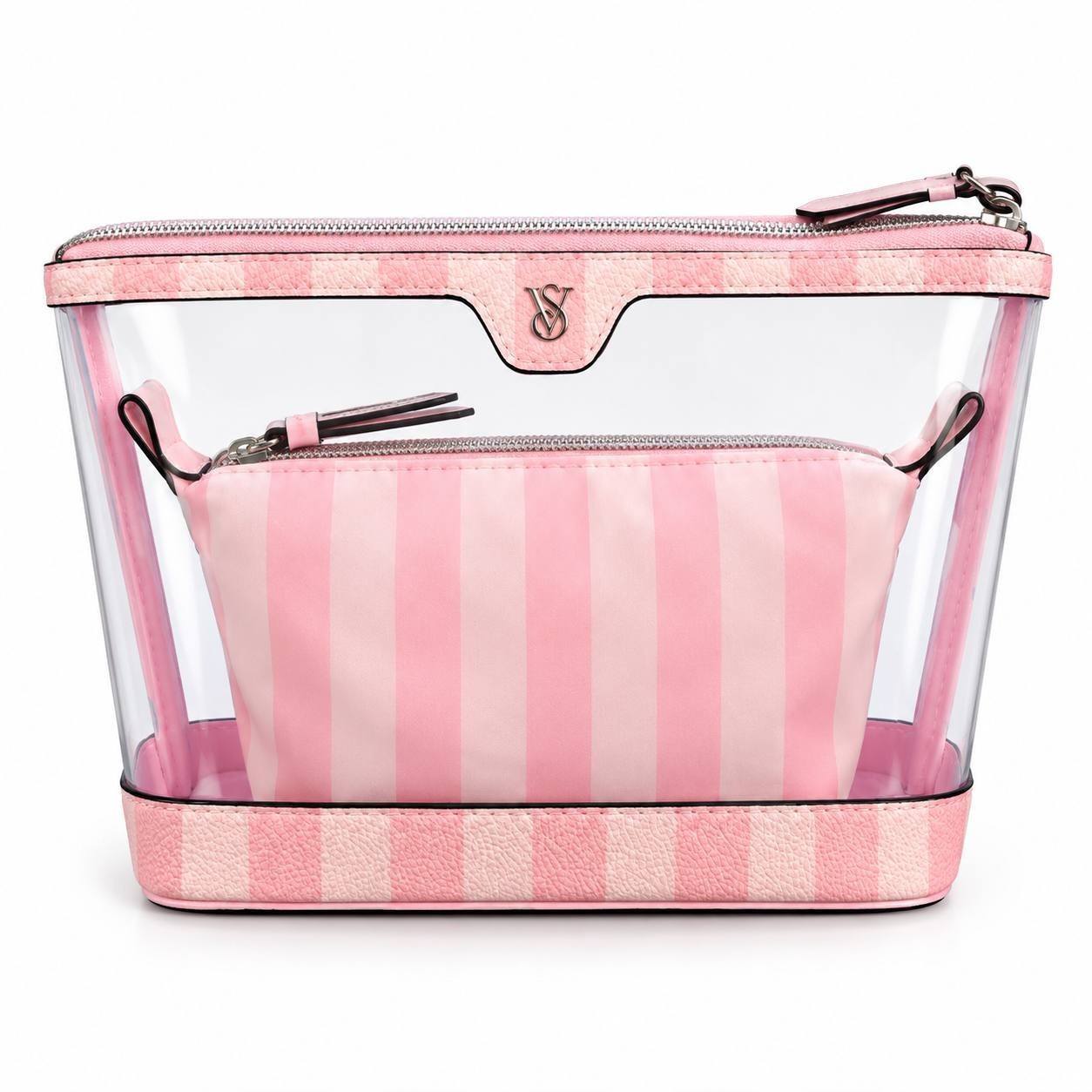 Victoria’s Secret 2Pc Pink Stripe Clear Cosmetic Bag Makeup Travel Pouch Set NWT