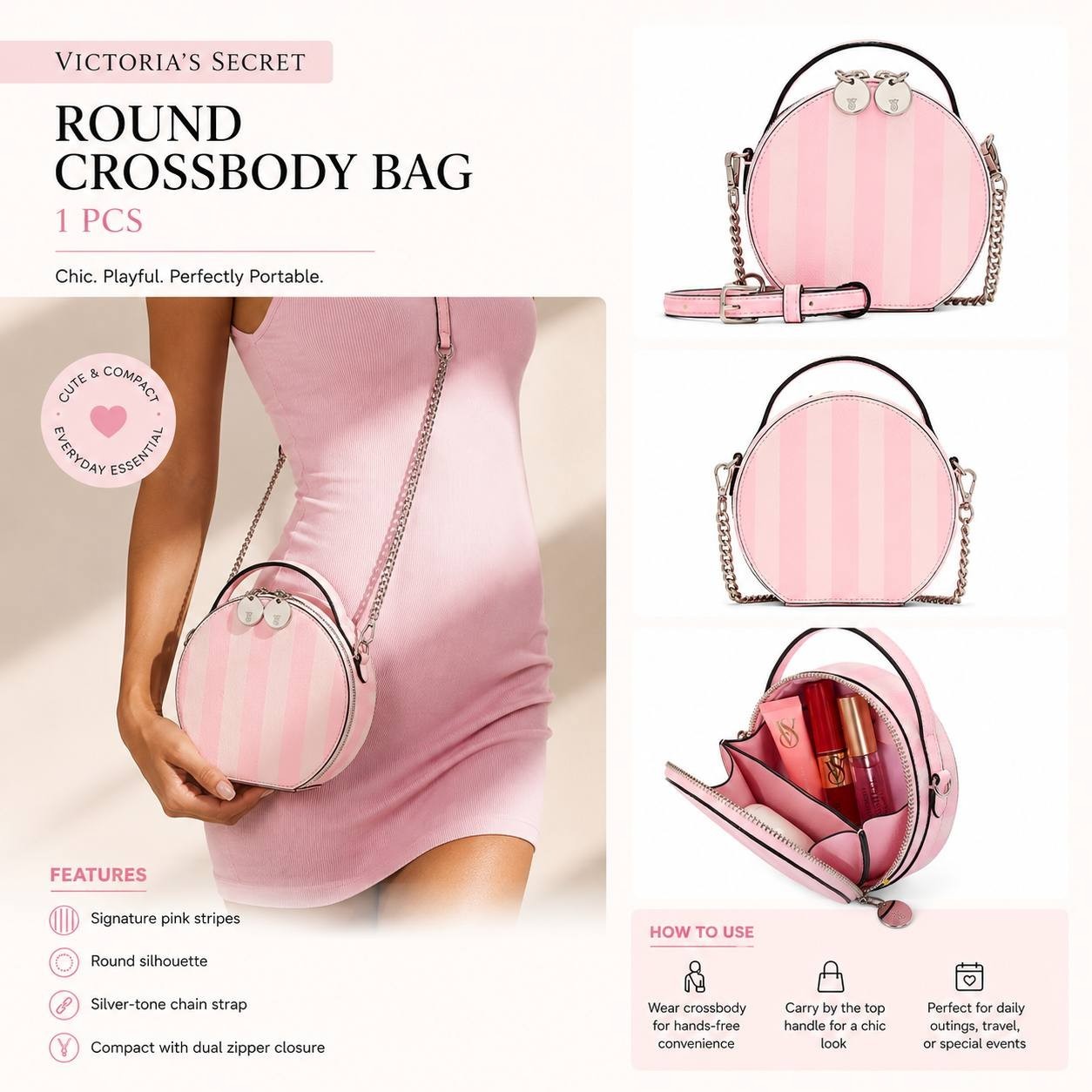 Victoria’s Secret Pink Stripe Round Crossbody Bag Mini Top Handle Chain Purse NW