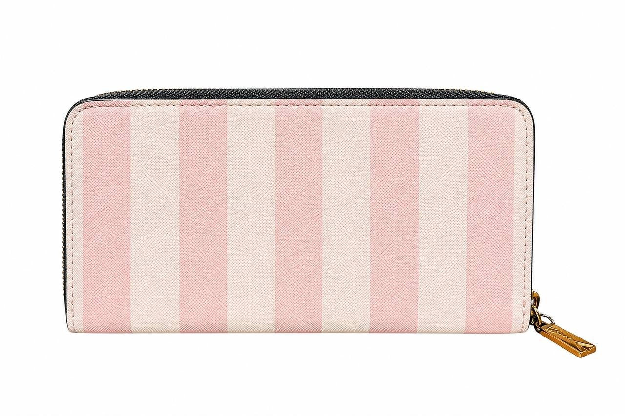 Victoria’s Secret Pink Stripe Zip Around Wallet Clutch NWT Gold Logo