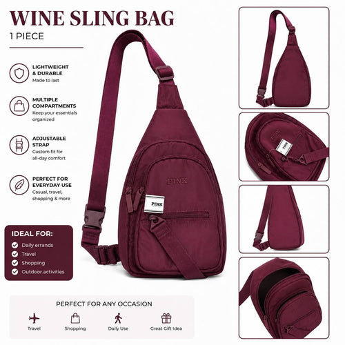 PINK Victoria’s Secret Wine Sling Crossbody Bag Adjustable Strap Multi Pocket NW
