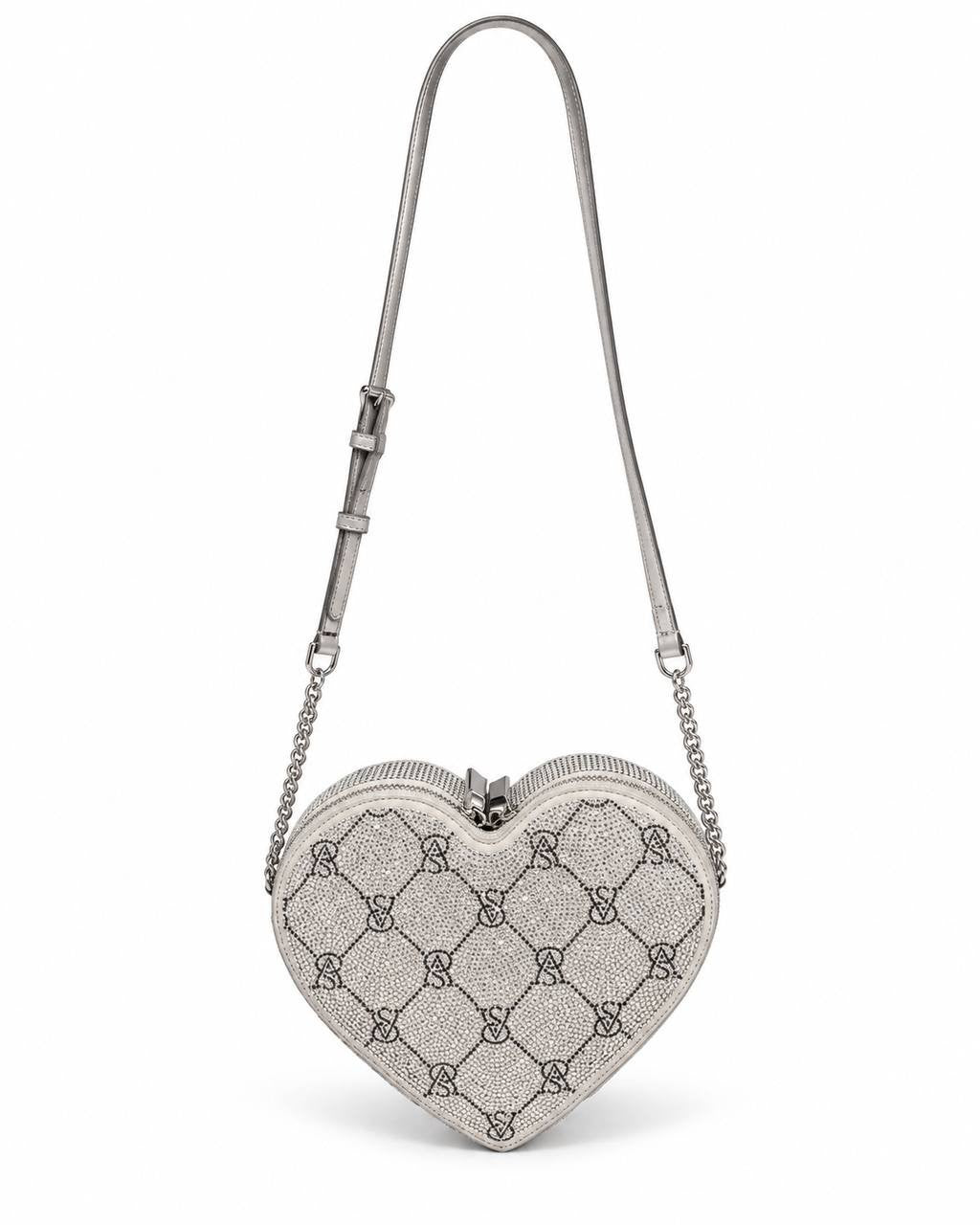 Victoria’s Secret Rhinestone Heart Crossbody Bag Silver VS Logo