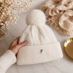 Victoria’s Secret Plush Knit Beanie Hat Ivory Faux Fur Pom Winter One Size