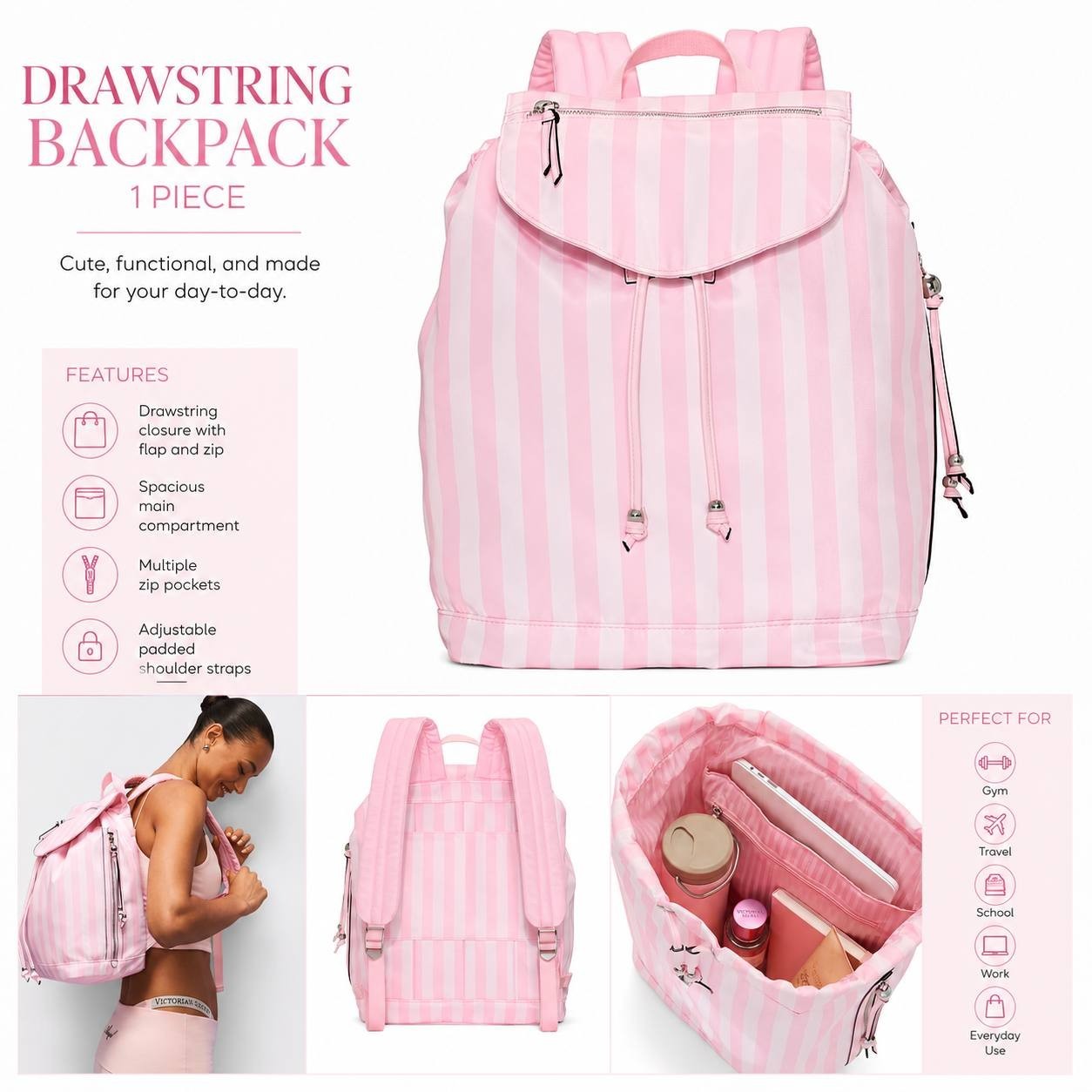 Victoria’s Secret Pink Stripe Drawstring Backpack Travel Gym School Laptop Bag